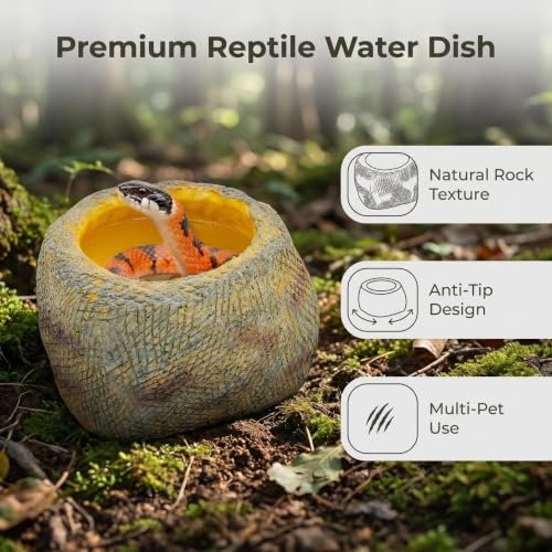 Resin Reptile Feeding Water Bowl with Wide Non-Slip Base | for Bearded Dragons, Gecko & Frog Compatible, Soaking & Drinking, Natural Rock Texture, Cage Decor