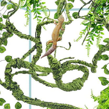 QUOZUO Bearded Dragon Tank Accessories, Terrarium Hanging Plant Vines Artificial Leaves Reptile Hide, Bridge Jungle Climber Reptile Vines for Snakes Bearded Dragon Chameleon Gecko Lizard
