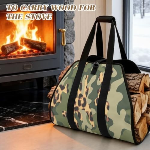 Leopard Camo Print Firewood Log Carrier Tote Bag | Water Resistant, Adjustable Buckle, Open-Ended Design, Suitable for Fireplace, RV Camping and Bonfire - color: Jungle Green Leopard Camo Mix Print