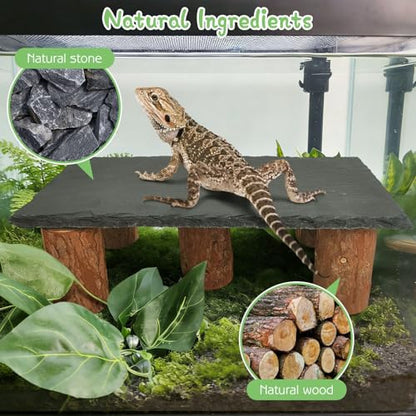 Bearded Dragon Basking Platform 3Pcs Reptile Basking Rocks with Wooden Pile Natural Lizard Hideout 2-in-1 Tortoise Tank Accessories for Leopard Geckos Ball Pythons Turtle (11.81×5.91inches) - size: Medium