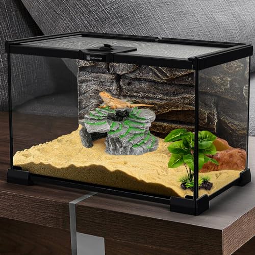 MoonOrange Turtle Basking Platform, Reptile Habitat Hideout, Decorative Resin for Aquarium & Terrarium, Including Artificial Plant and Cleaning Brush.(C-Medium-Black)