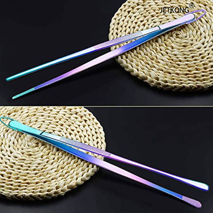 JETKONG 2 Pcs 12-Inch Culinary Tweezers Food Tweezers Kitchen Tweezer Tongs for Cooking (Rainbow) - color: Rainbow, size: 12+12 Inch