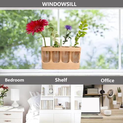 Plant Propagation Station with Wooden Stand, Gardening Gifts for Plant Lovers, 9-Level Dimmable LED Light 4 Glass Test Tubes Vases for Hydroponic Plants - Desktop Terrarium for Home Decor