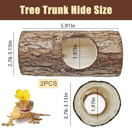 2Pcs Reptile Hide Cave,Wood Crested Gecko Hollow Tree Trunk Hideout,Snake Shelter Hiding Climbing Toys Sleeping Cave Terrarium Decor Tank Accessories for Lizard,Tarantula