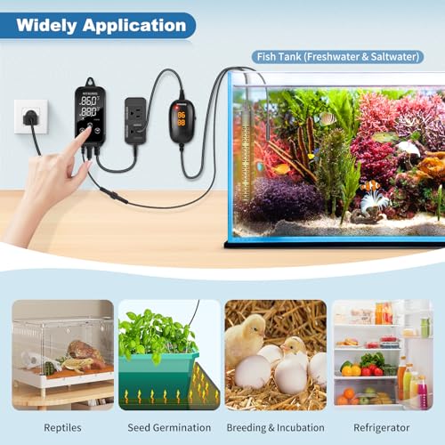 HiTauing Digital Temperature Controller, Aquarium Heater Reptile Thermostat Heating and Cooling Dual Outlet with Seawater-Resistant Probe for Fish Tanks, Reptile Tanks, Greenhouse & Seedling Mat