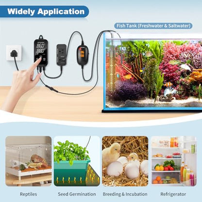 HiTauing Digital Temperature Controller, Aquarium Heater Reptile Thermostat Heating and Cooling Dual Outlet with Seawater-Resistant Probe for Fish Tanks, Reptile Tanks, Greenhouse & Seedling Mat