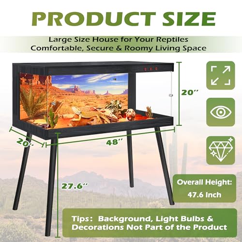 Royxen Bearded Dragon Tank, 82 Gallon Reptile Tank with Leg Stand,Built-in Lighting Reptile Enclosure, Tempered Glass Bearded Dragon Encloure for Chameleon (Black,48"x 20"x 20") - color: Black, size: 82 Gallons,48"x20"x20"