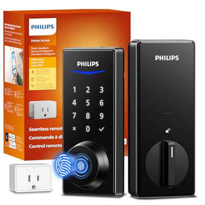 Philips Wi-Fi Smart Lock with Bridge, Fingerprint & App Control Auto Lock | 0.3s Unlock, 100 User PIN Codes, Fits Most Doors, Weatherproof, Backlit Touchscreen - color: Flat Black
