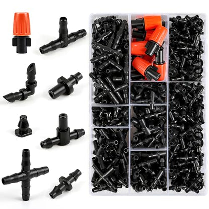 RedChili 260 Pack Drip Irrigation Fittings Kit for 1/4" Tubing, Complete Set with Drip System Barbed Connectors (Misting Nozzles, Nozzle Tees, Single Barbs, Couplings, Tees, Elbows, Plugs, Crosses) - size: 1/4" Connection Kit-260P