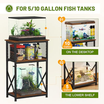 Snughome 10 Gallon Aquarium Stand, 3-Tier Storage Fish Tank Stand 220 lb Top, Fits 5/10 Gallon , Waterproof / Small Space, 20.47" x 11.42" x 30.91", Rustic Brown - color: Rustic Brown