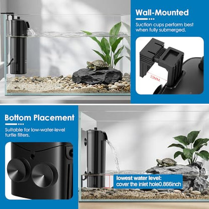 fishkeeper Turtle Tank Filter for Reptile Frog,Circulation Aquarium Filter | Adjustable Water Flow & 2 Filter Cartridges,2 Mounting Ways Low Water Level Quiet filters for turtle tank up to 15Gal