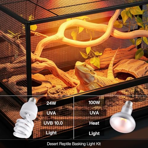 Reptile 100W Basking Spot Bulb & 10.0 24W UVA UVB Bulb Combo – Dual Pack Heat Lamp Bulbs for Reptiles & Amphibians, Heat Lamp for Bearded Dragons, Turtles, Tortoises, Snake Tank Accessories