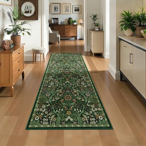 3x7 Floral Runner Rug for Kitchen Washable Hallway Runner Rug | Washable, Low-Pile, Non Slip Runner Rug, Green Floral, Stain Resistant, Soft Rug for Kitchen, Bedside, Laundry Room, Entryway - color: Dark Green, size: 3' x 7' (Runner)