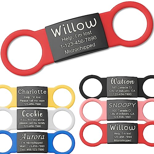 Slide On Silent Pet ID Tags, S/M/L/XL Personalized Black Stainless Steel Colored Silicone Cat Dog Name Tag, Customized Engraved Nameplate, Quiet Chew-Proof Pet Collar Tag (Red, Small) - color: Red, size: Small