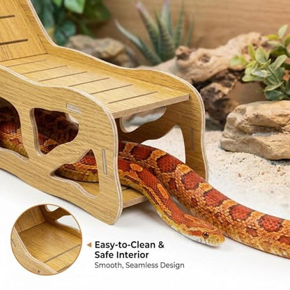 3-in-1 Poplar Wood Reptile Hideout with Sloped Ramp & Tunnel, Golden-Brown Terrarium Decor for Bearded Dragon, Lizard, Snake, Gecko, Lightweight Easy-Clean Habitat (Golden-Brown Poplar Wood)