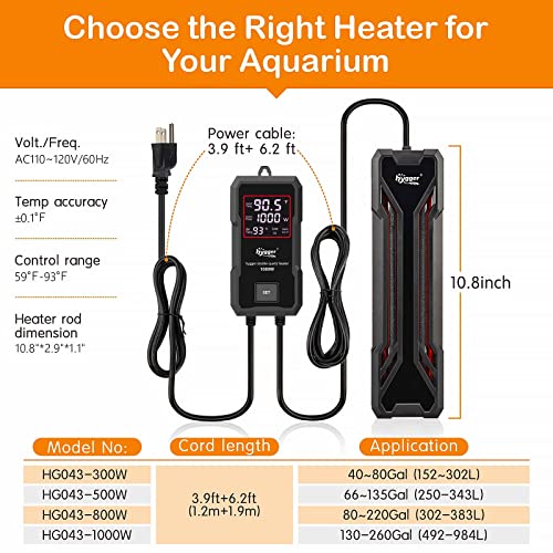 hygger Aquarium Heater 300W/500W/800W/1000W, Submersible Fish Tank Heater | with Digital LED Controller and Intelligent Leaving Water Automatically Stop Heating System, for Freshwater and Saltwater - size: 1000W for 130-260 Gallon