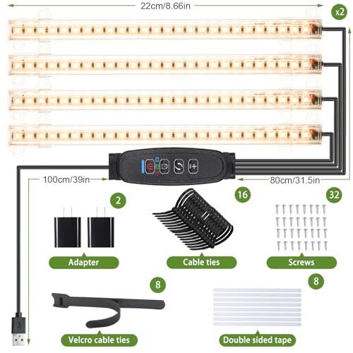 8.6'' LED Grow Light Strips, Full Spectrum 3500K Grow Lights for Indoor Plants, 4 Head with 3/9/12H Timer, 10 Dimmable Levels, Suitable for Seedling, Succulent, Plant Shelf and Greenhouse, 2-Pack - color: 4 Head 2 Pack