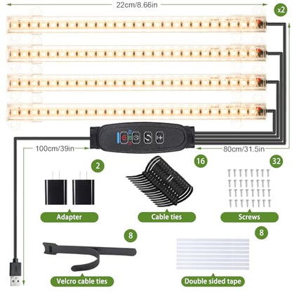 8.6'' LED Grow Light Strips, Full Spectrum 3500K Grow Lights for Indoor Plants, 4 Head with 3/9/12H Timer, 10 Dimmable Levels, Suitable for Seedling, Succulent, Plant Shelf and Greenhouse, 2-Pack - color: 4 Head 2 Pack