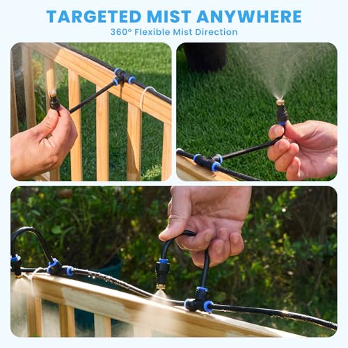 Adjustable Misting System, 360° Flexible Brass Nozzles, 32FT | Pre-assembled Mister Hose for Patio Cooling, Garden Irrigation, Greenhouse Watering, Pet Chicken Coop Cooling - size: 32FT / 10M