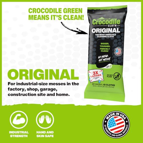 Crocodile Cloth Original Cleaning Wipes – 480 Count (48 Packs of 10 Count) 15” x 10” Hand & Tool Industrial Cleaning Wipes – Perfect for Businesses and Contractors, Safe on Hands & Skin