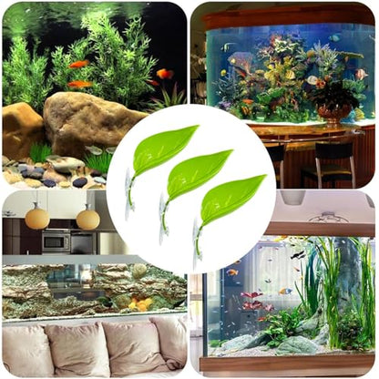 KABASI 3 Pack Plastic Leaf Platform with 6pcs Suction Cups for Reptile Frog | Leaf-Shaped Reptile Basking Resting Spot Habitat Decorations, Tree Frog Tank Accessories for African Dwarf Amphibian, Green