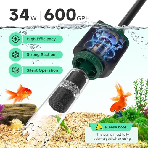AQQA 6-in-1 Aquarium Gravel Cleaner, 600GPH Adjustable Water Flow Aquarium Vacuum | Electric DC Fish Tank Cleaner, Extendable Length, Supports Changing Water, Washing Sand, Water Filtering and Circulation