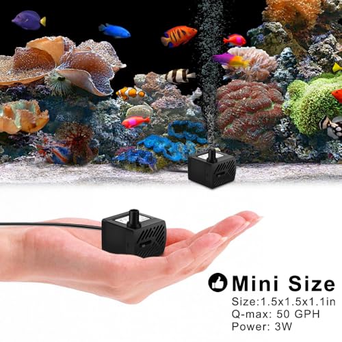 2Pcs Mini Fountain Pump (50GPH 3W), Ultra Quiet Submersible Water Pump for Aquarium, Small Fish Tank, Pet Water Fountain, Tabletop Fountains, Water gardens and Hydroponic Systems