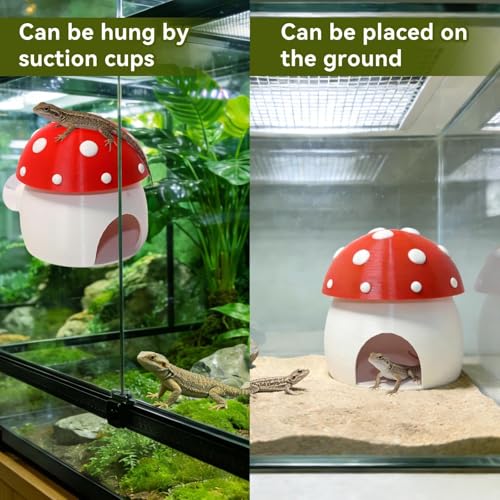 3D Red Mushroom House Reptile Hides and Caves, Reptile Hideout | Shelter for Geckos Bearded Dragons Chameleons Frogs with Dual Suction Cups for Wall or Ground