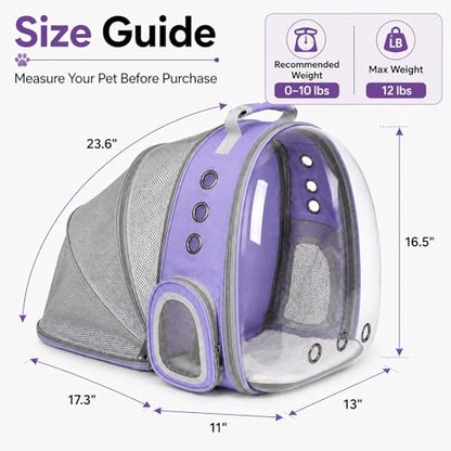 Expandable Cat Carrier Backpack with Bubble Window, Purple | Breathable mesh, anti-collapse frame, side door, safety leash and escape-resistant zippers for vet visits and outdoor travel. - color: Purple