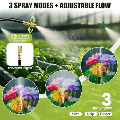 50FT 360° Adjustable Drip Irrigation System Garden Watering System with 12 Nozzles Plant Watering Devices Misting System Greenhouse Accessories for Yard, Lawn - size: 50FT + 12pcs nozzles and connectors