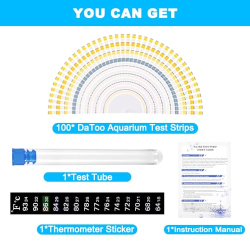 DaToo 8 in 1 Aquarium Test Kit Fish Tank Test Strips Accurate Water Quality Testing Strips for Ammonia PH Total Alkalinity Carbonate Hardness Free Chlorine Nitrate Nitrite Temperature (100 Strips) - size: 100 Strips