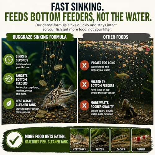BugGraze Bottom Dweller Feast 3-in-1 Sinking Pellets, Wafers & Granules for Corydoras, Plecos & Loaches – Complete Aquarium Fish Diet – Clean Feeding, High Protein & Algae Blend – 3 oz