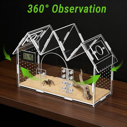 Jumping Spider Enclosure with Built-in Hygrometer Thermometer, 9.5"x4"x6.7" Acrylic Reptile Terrarium, Magnetic Front Door Habitat Tank for Tarantulas, Snails, Isopods, Insects