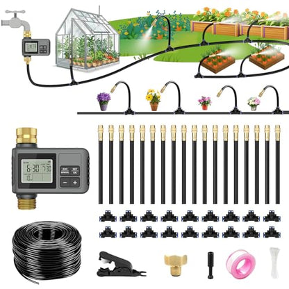 60FT Drip Irrigation System with Smart Water Timer | Brass Connectors, 360° Adjustable Nozzles and Bendable Tubing for Garden, Greenhouse, Lawn, Raised Beds and Potted Plants - size: 60Ft Brass Fitting with Timer