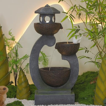 Tankana Water Fountain Outdoor Zen Feature - Garden Tranquil Pagoda Waterfalls Fountains Bowl with LED Lights & Pump for Patio Yard Porch Pool, Gray, 35.5 inches