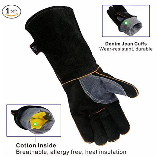 Extreme Heat & Fire Resistant Gloves Leather with Kevlar Stitching,Mitts Perfect for Fireplace, Stove, Oven, Grill, Welding, BBQ, Mig, Pot Holder, Animal Handling