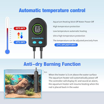 200W Submersible Fish Tank Heater for 20-40 Gallon with Auto Shut-Off When Leaving Water—Aquarium Heater, Dry-Burn & Overheat Protection, Smart LED Display for Freshwater Saltwater Turtle - size: 200W
