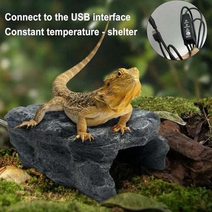 Heated Reptile Hide Cave - Rock Hideout with Adjustable Temperature, Thermostat Heating Rock for Bearded Dragons, Ball Pythons, Leopard Geckos & Small Animals - Snake Hide & Reptile Decor (Rock cave)