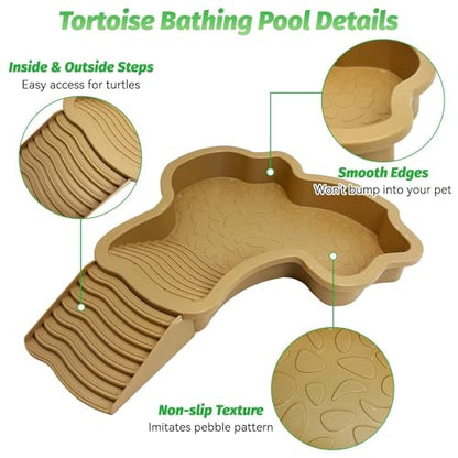 PINVNBY Large Reptile Bathing Pool Tortoise Water Dish with Removable Ramp and Leaf Reptile Food Dish & Water Bowl Tortoise Habitat Accessories for Turtle Lizard Gecko Snake (Yellow)
