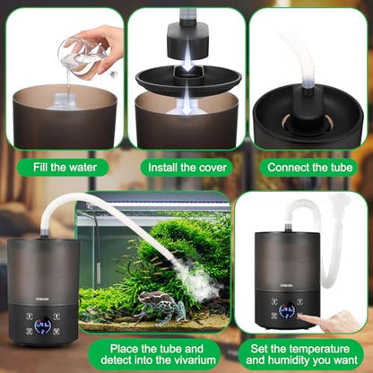 Dreyoo Reptile Fogger Humidifiers with Humidity Control, Top Fill Reptile Mister with Smart Touch LED Display, 3 Mist Levels, Auto Shut Off, Extendable Hose for Crested Frog Gecko Terrarium