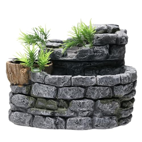Reptile Water Fountain with Food Dish, 500ML Terrarium Waterfall Drinking Fountain Reptile Water Dispenser, Natural Resin,for Bearded Dragon Gecko Chameleon Lizard Tree Frog Turtle