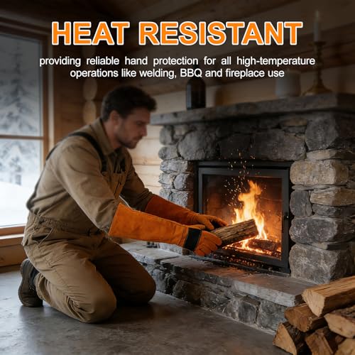 23.6Inches Heat Resistant Welding Gloves, Fire & Heat Proof Fireplace Gloves, Bite & Scratch Resistant, Heavy Duty Leather for Welding/BBQ/Wood Stove/Furnace/Oven/Forge/Animal Handling/Pet Care - size: 23.6 inches