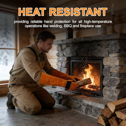 17.6Inches Heat Resistant Welding Gloves, Fire & Heat Proof Fireplace Gloves, Bite & Scratch Resistant, Heavy Duty Leather for Welding/BBQ/Wood Stove/Furnace/Oven/Forge/Animal Handling/Pet Care - size: 17.6 inches