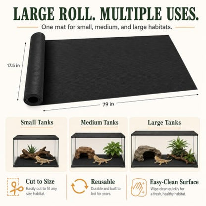 Arbitrary Cutting Terrarium Reptile Carpet, Reptile Mat, Bearded Dragon Tank Accessories Flooring, Bearded Dragon, Leopard Gecko Substrate, Snake,Tortoise Bedding Black 17.5“× 79”