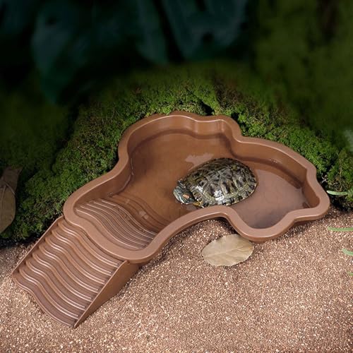 Spacious Reptiles Water Bowl with Ladder Steps Access Removable Component for Safe Turtles Soaking and Resting Slip Turtles Soaking Pool - color: Brown red