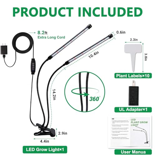 Full Spectrum 84 LED Grow Light for Indoor Plants, 6500K Timer 3 Modes | Clip-on design, UL adapter included, 8.2ft long cord, 10 dimmable levels, timer settings 4/8/12/18H, indoor plant growing