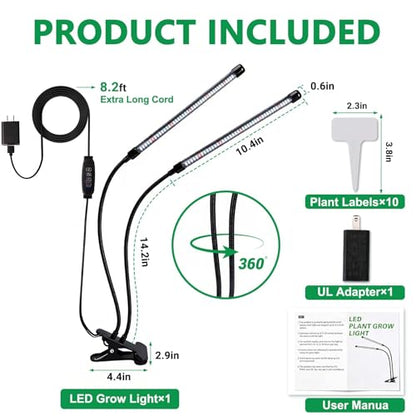Full Spectrum 84 LED Grow Light for Indoor Plants, 6500K Timer 3 Modes | Clip-on design, UL adapter included, 8.2ft long cord, 10 dimmable levels, timer settings 4/8/12/18H, indoor plant growing