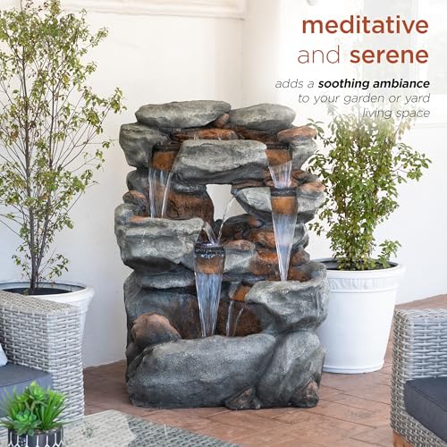 Alpine Corporation WIN1068 Outdoor Floor Rock Water Fountain with LED Lights, 5-Tier Rock Waterfall Fountain 54", Dark Brown - style: 54" H - 5-Tier Cool White LEDs