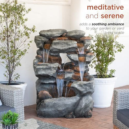 Alpine Corporation WIN1068 Outdoor Floor Rock Water Fountain with LED Lights, 5-Tier Rock Waterfall Fountain 54", Dark Brown - style: 54" H - 5-Tier Cool White LEDs