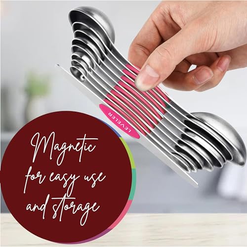 Magnetic Measuring Spoons Set of 9 Stainless Steel Dual-Sided Stackable Measuring Spoon Nesting Teaspoons Measuring Dry and Liquid Ingredients, Fits in Spice Jars Set of 9 (Pink) - color: Pink